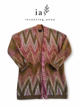 Lucky Brand Olive and Rust Zigzag Open-Front Cardigan w/Gold Thread Accents